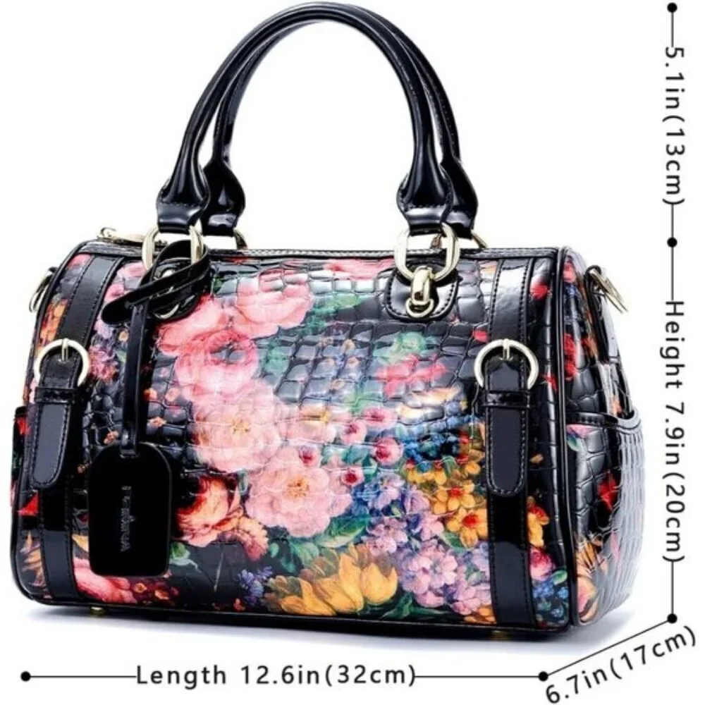 🆕Women Black Rose Genuine Leather Tote Handbag Clutch Purse Crossbody Bag - Picture 5 of 11